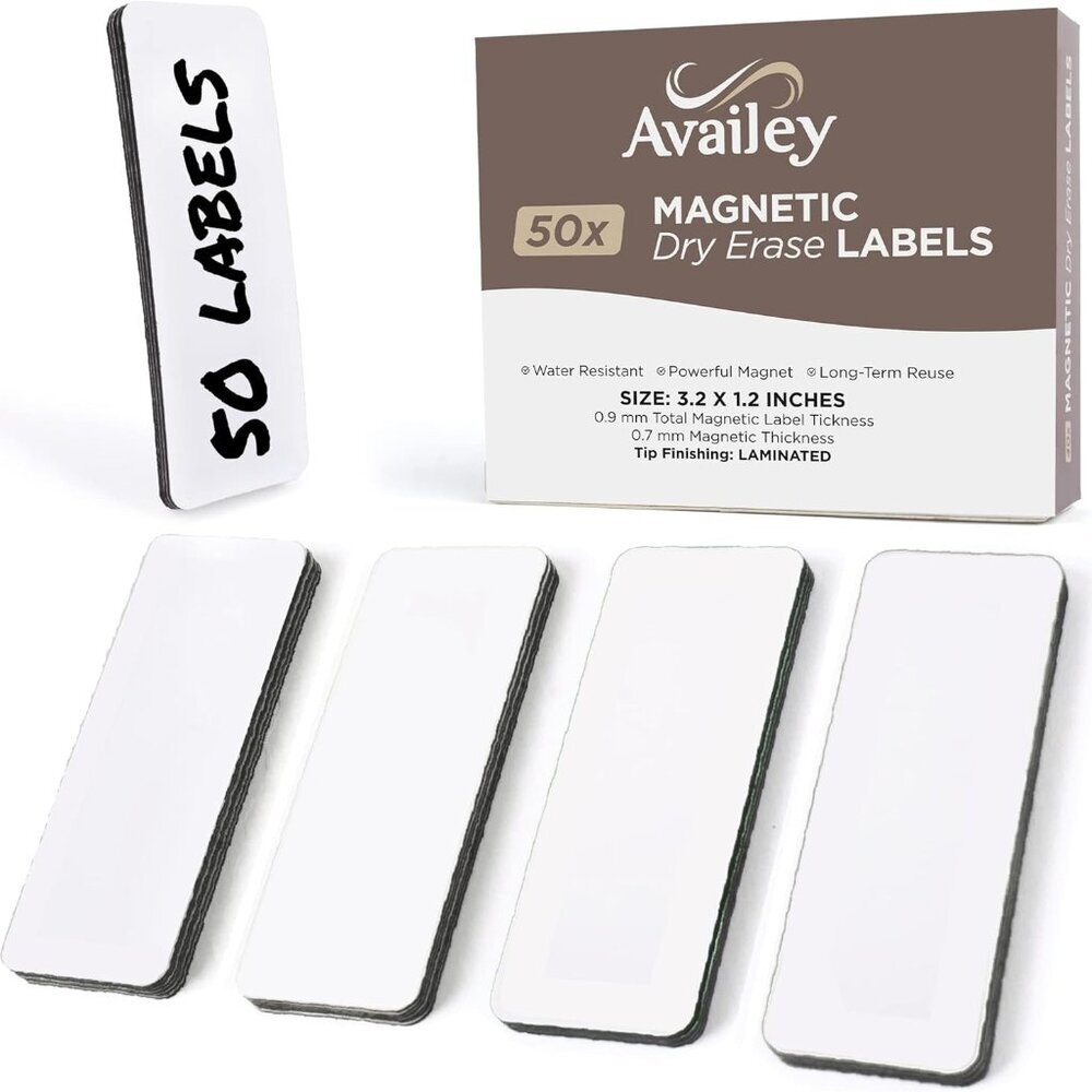 Availey 50 Pieces 3.2 x 1.2" - White Magnetic Dry Erase Labels - Reusable Strips